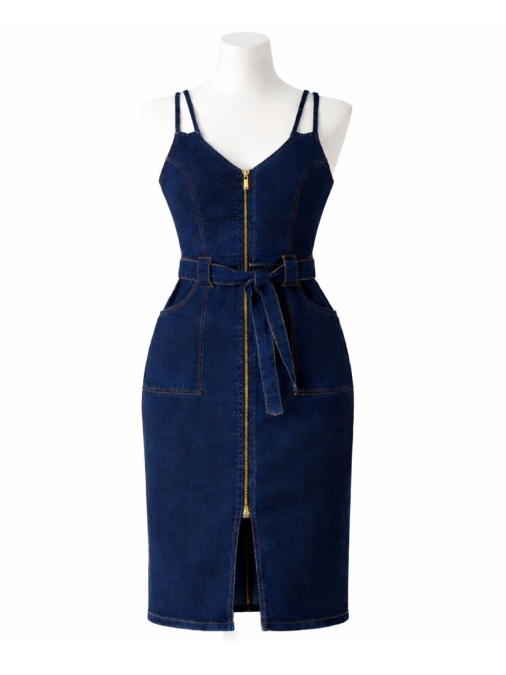 Size 14 Venus Women’s Denim Zip Front Belted Midi Dress Utility Blue